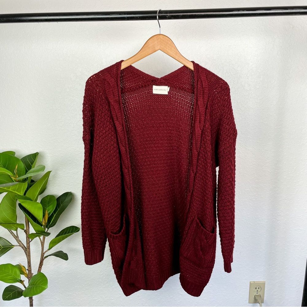 Dreamers Women's Knit Braided Chunky Longline Burgundy Cardigan Maroon Size M